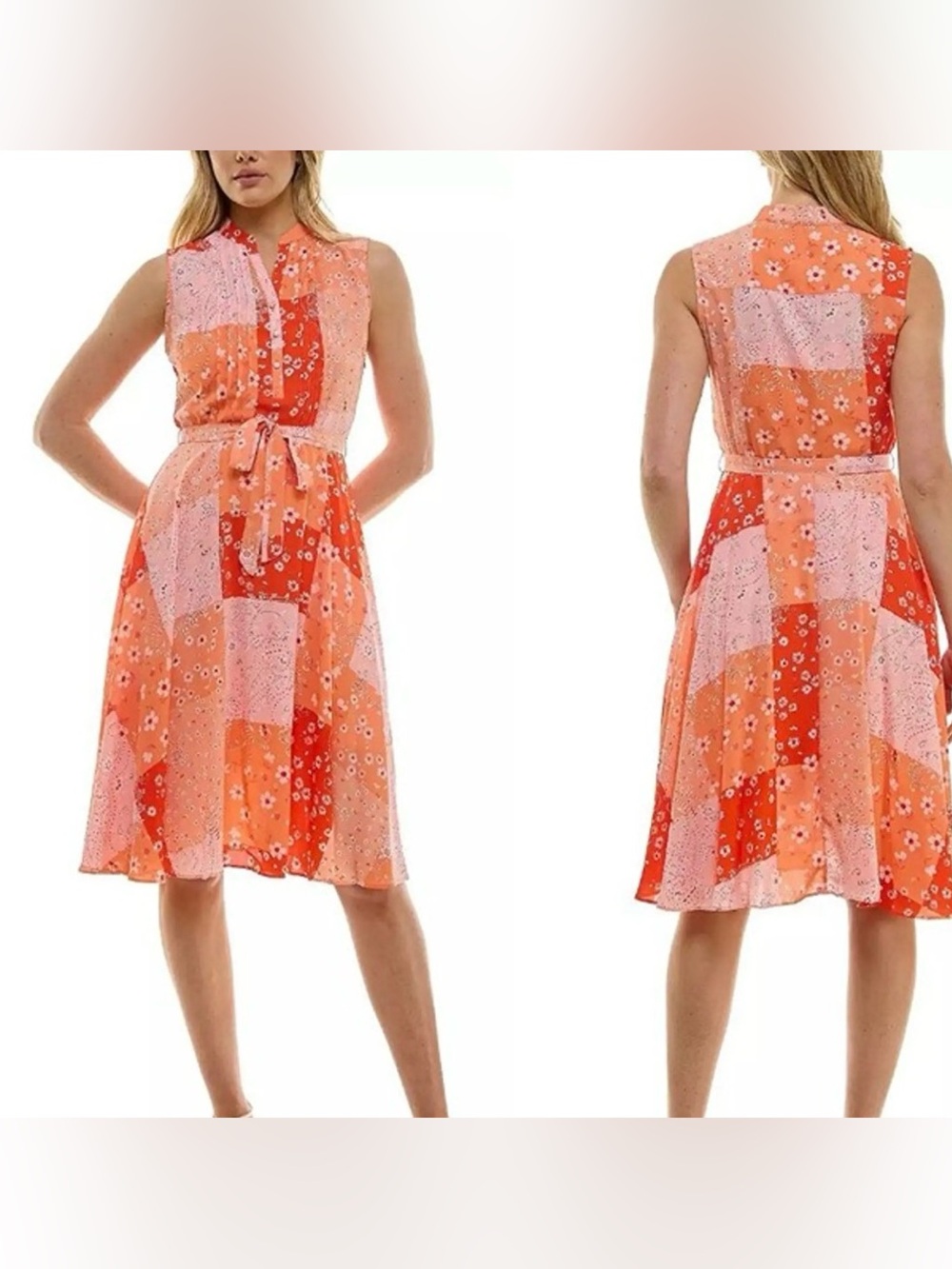 Floral Patchwork Sleeveless Midi Dress - Orange & Coral